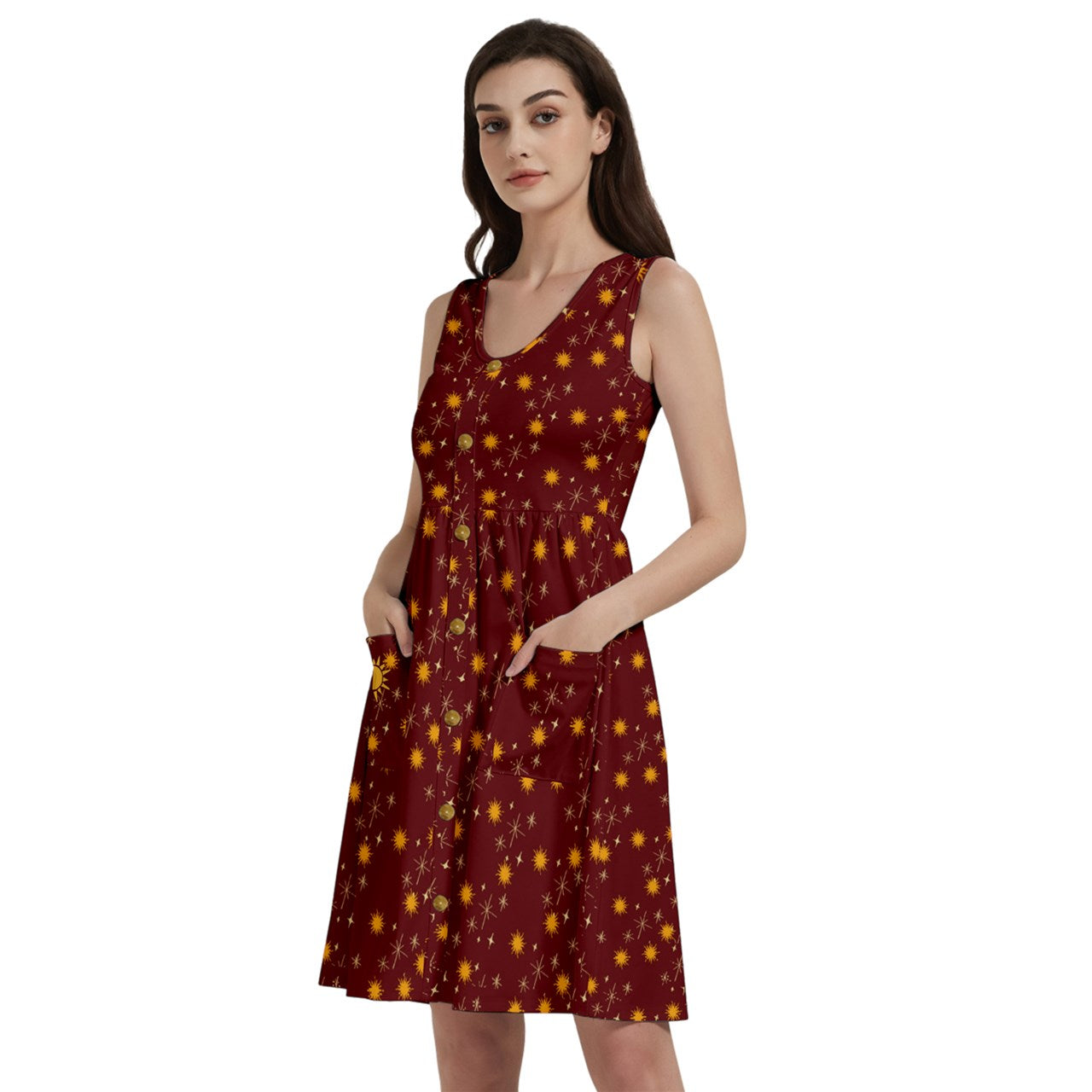 Red Whimsy Button Dress With Pocket