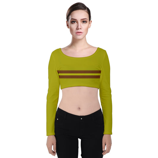 yellow brown yellow stripe Velvet Long Sleeve Crop Top