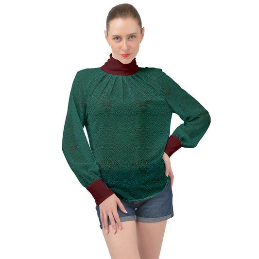 Red Strap greencheeta High Neck Long Sleeve Chiffon Top
