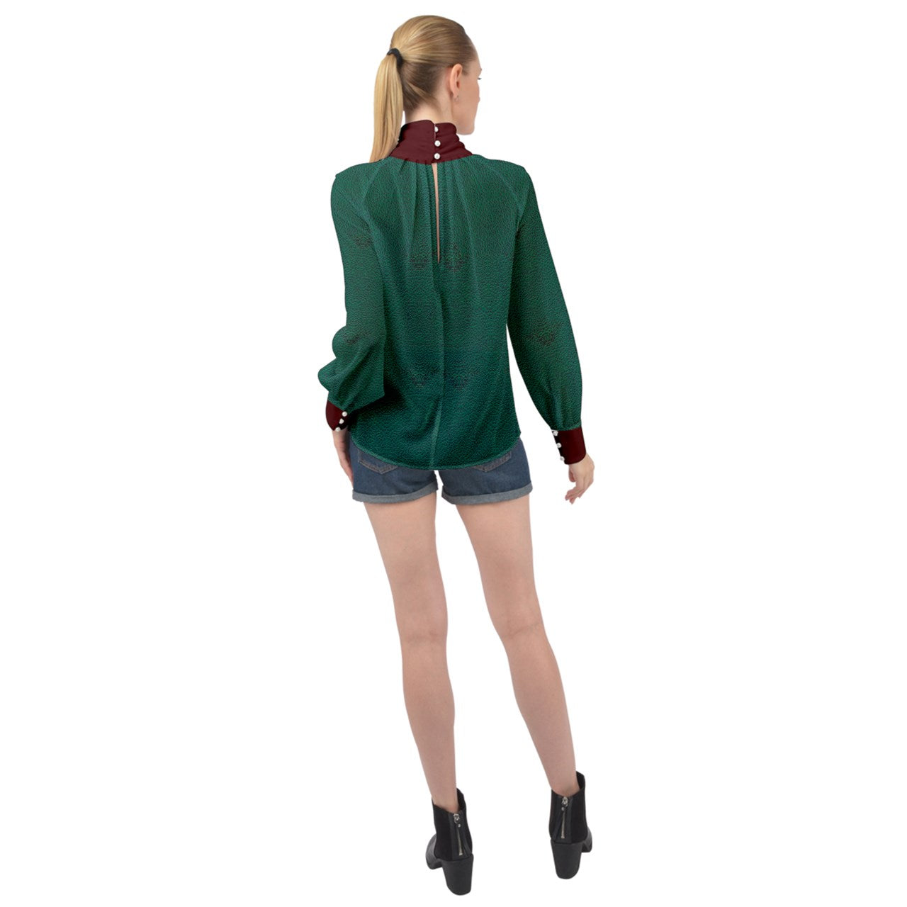 Red Strap greencheeta High Neck Long Sleeve Chiffon Top