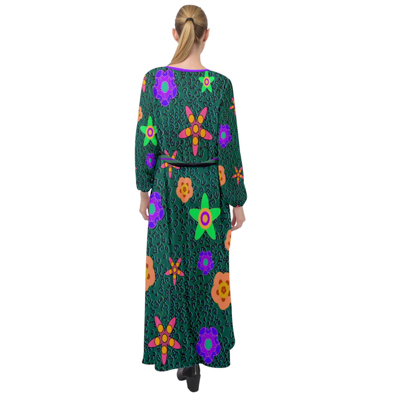 purple green stripe Indigo Flower Maxi Chiffon Beach Robe