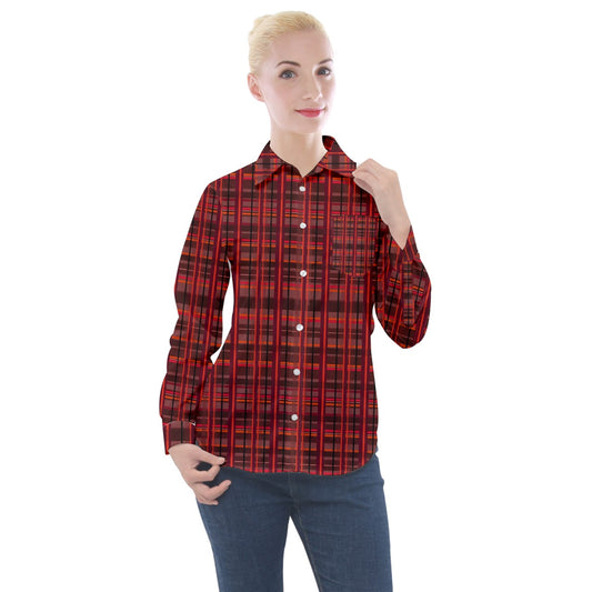 red academia plaid Long Sleeve Pocket Shirt