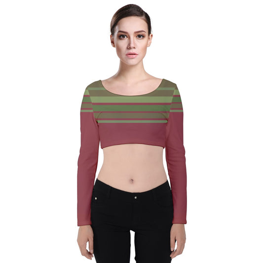 burgundy green striped Velvet Long Sleeve Crop Top