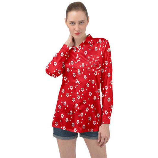 red cornflower Long Sleeve Satin Shirt