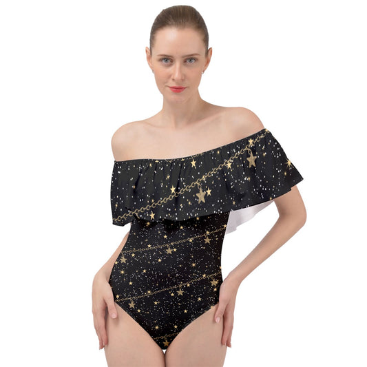 chain of stars Off Shoulder Velour Bodysuit