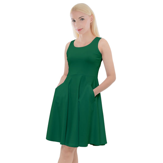 elf green Knee Length Skater Dress With Pockets