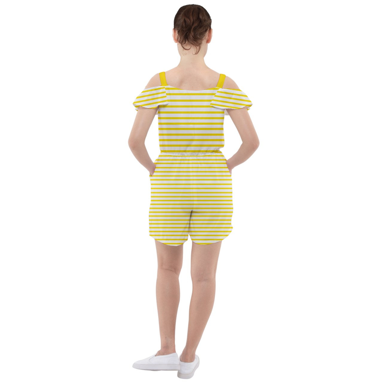 yellow beach stripe Ruffle Cut Out Chiffon Playsuit