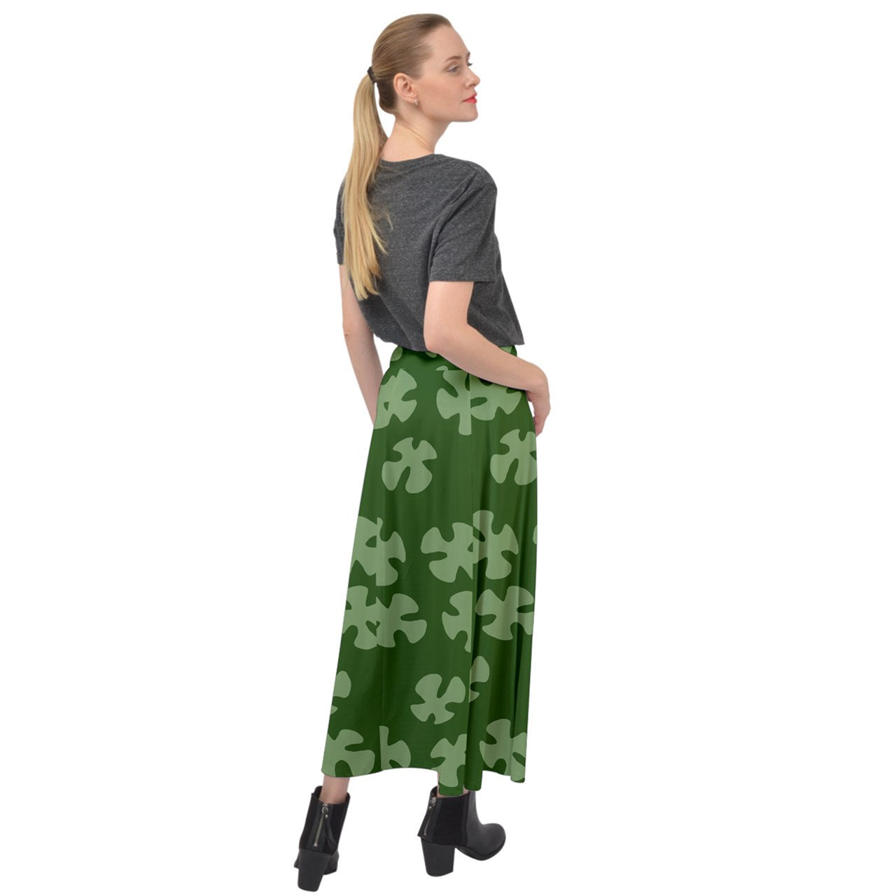 green beach camo Velour Split Maxi Skirt