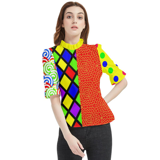 Clowncore Pattern Block Frill Neck Blouse