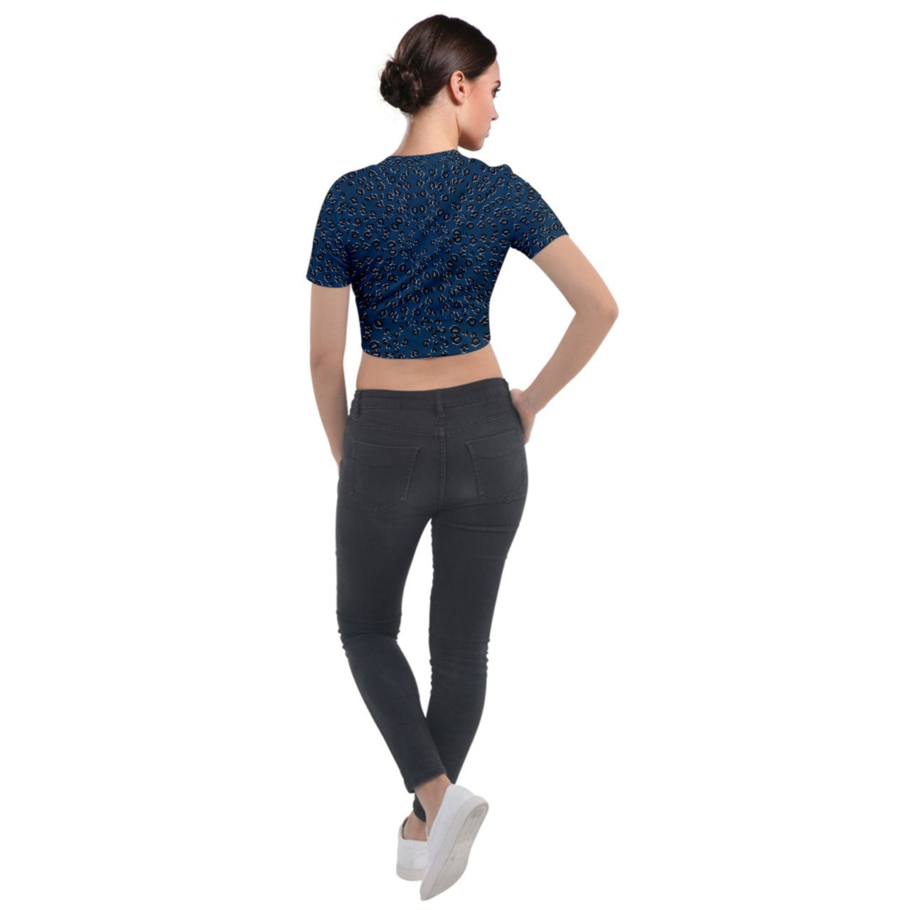 navy cheetah Short Sleeve Cropped Jacket