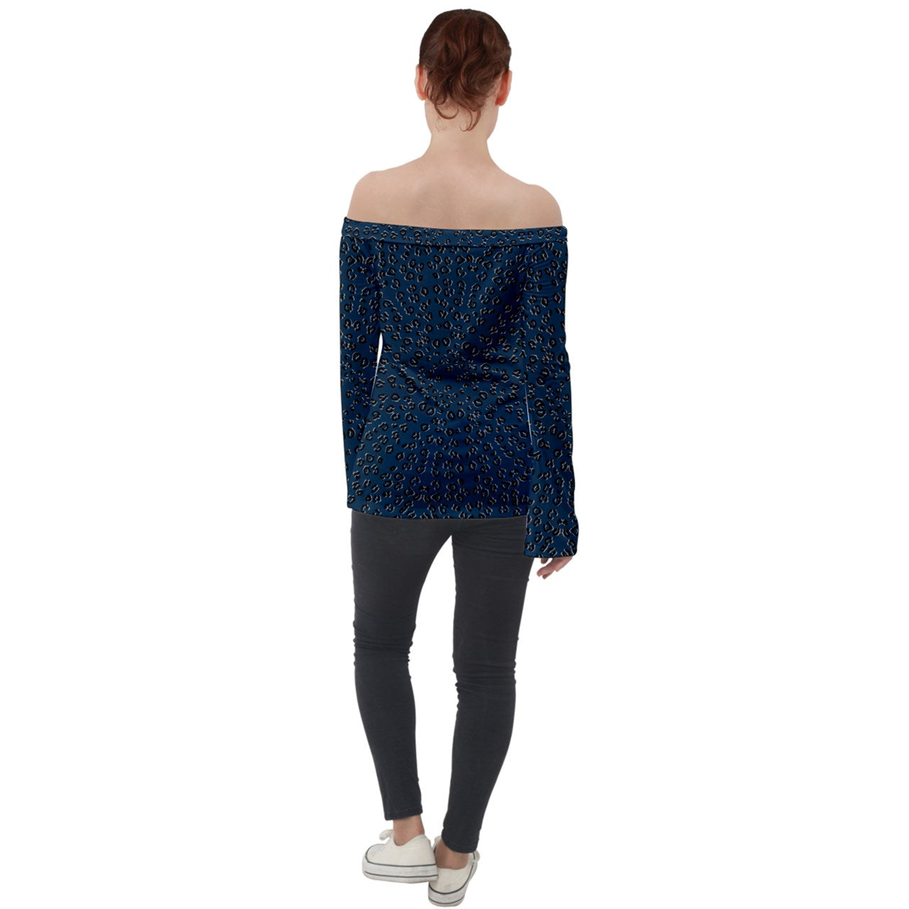 navy cheetah Off Shoulder Long Sleeve Top