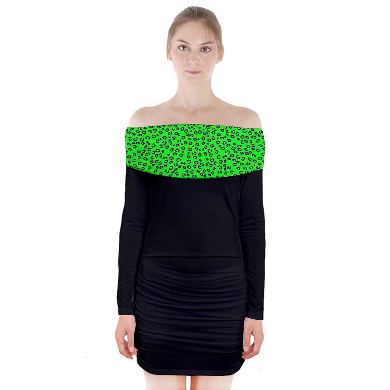 neon green cheetah print Long Sleeve Off Shoulder Dress