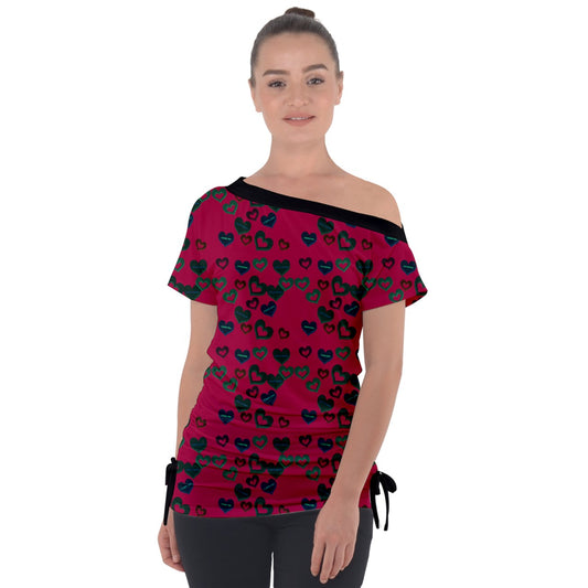 Candy Hearts Dark Off Shoulder Tie-Up Tee