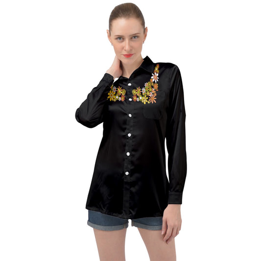 Classic Boho Flowers Western Style Long Sleeve Satin Shirt