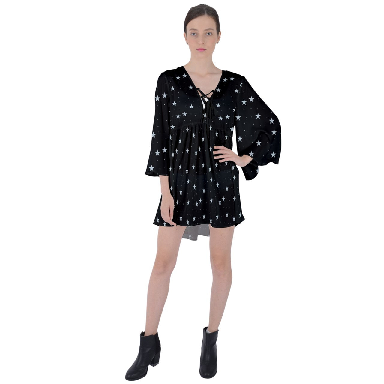Clear Night V-Neck Flare Sleeve Mini Dress
