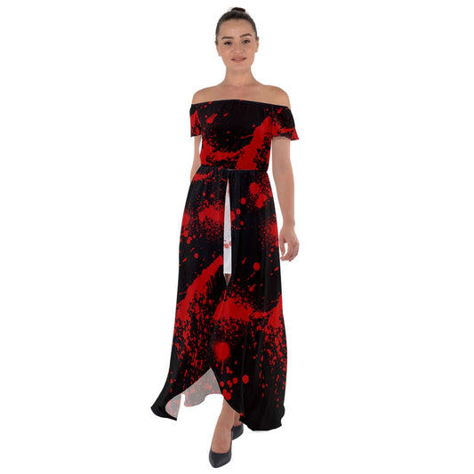 Black Blood Spatter Off Shoulder Open Front Chiffon Dress