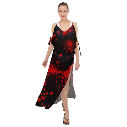 Black Blood Spatter Maxi Chiffon Cover Up Dress
