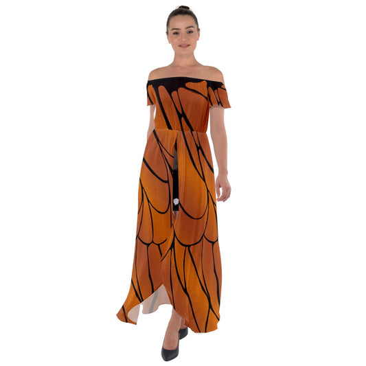 Monarch Butterfly Off Shoulder Open Front Chiffon Dress