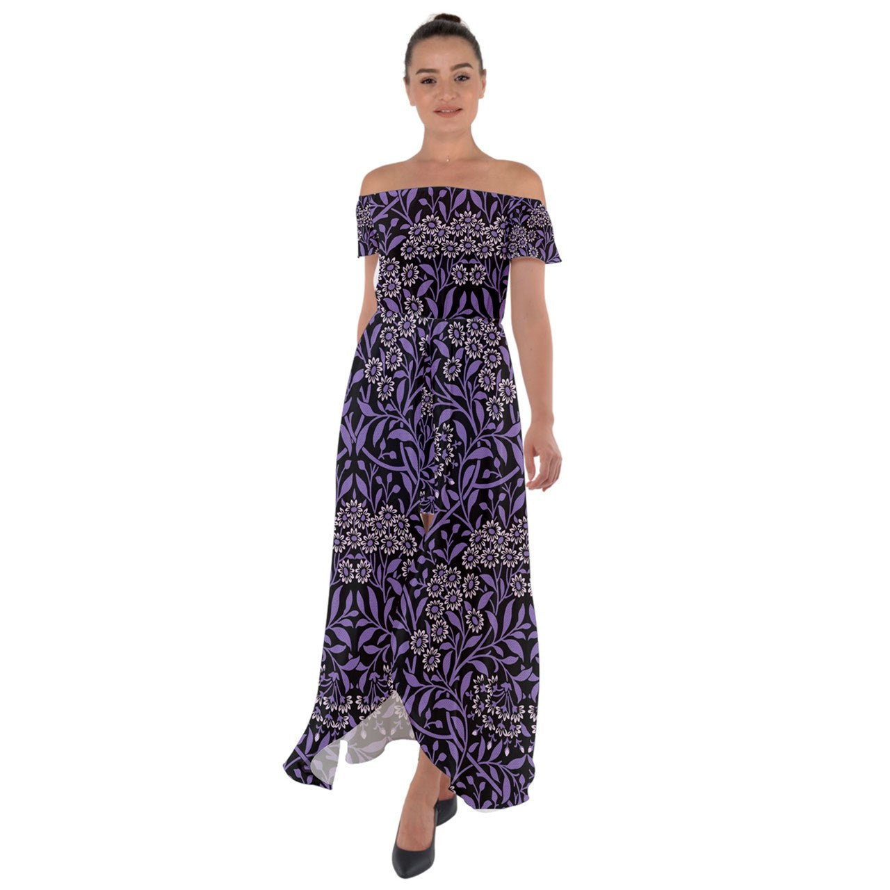 Moonlight Bloom Off Shoulder Open Front Chiffon Dress