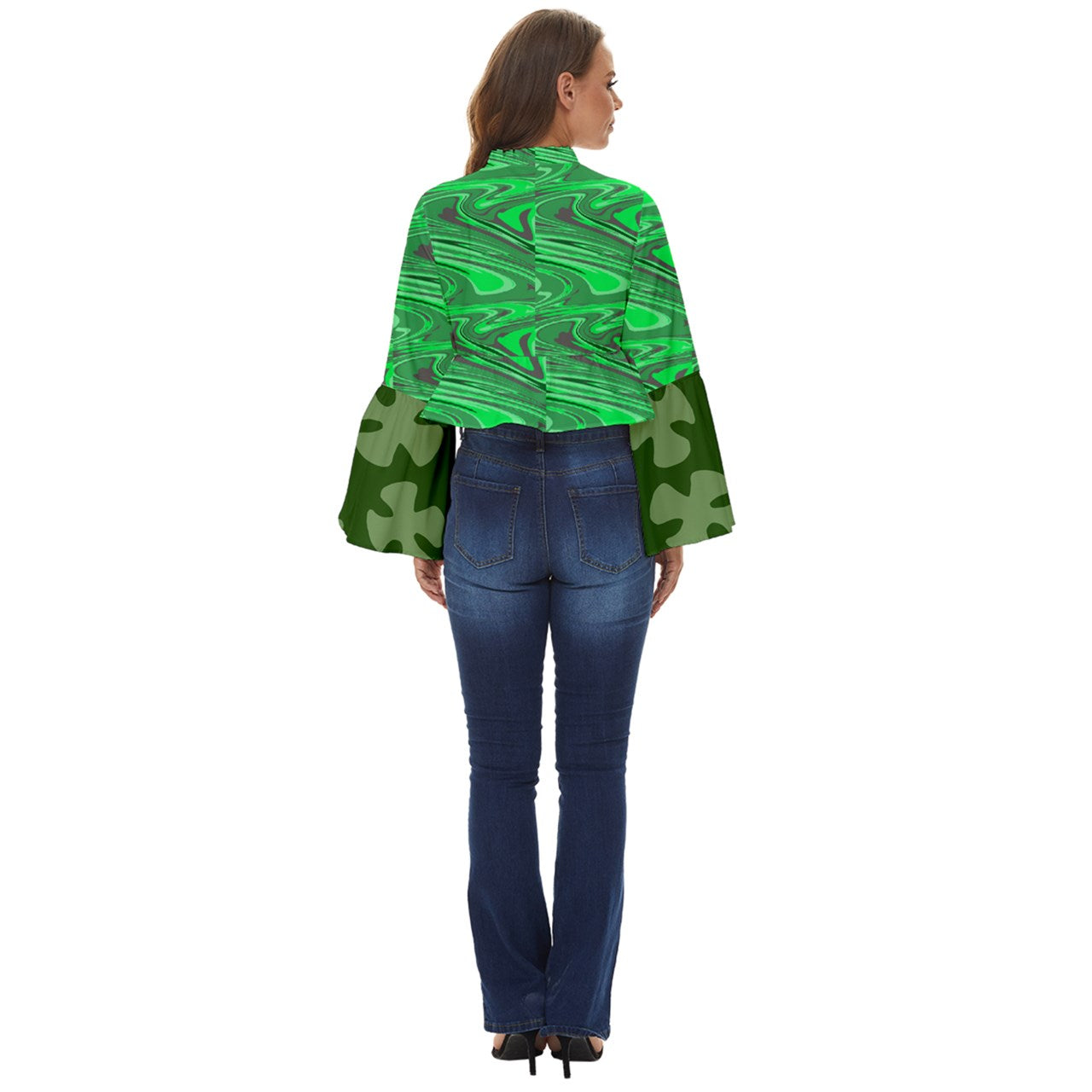 Green Swirly Boho Long Bell Sleeve Top