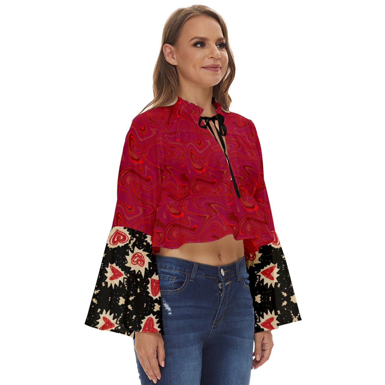 Red Swirly Boho Long Bell Sleeve Top