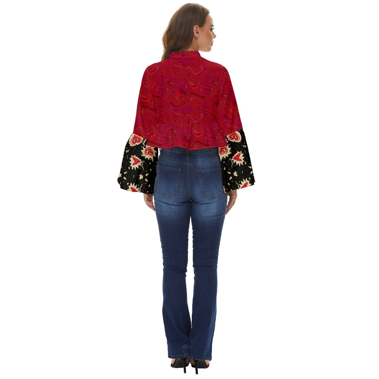 Red Swirly Boho Long Bell Sleeve Top