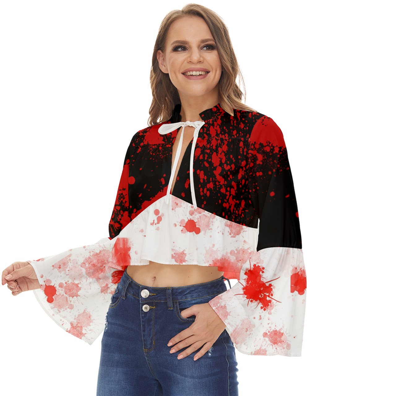 Black Blood Spatter Boho Long Bell Sleeve Top