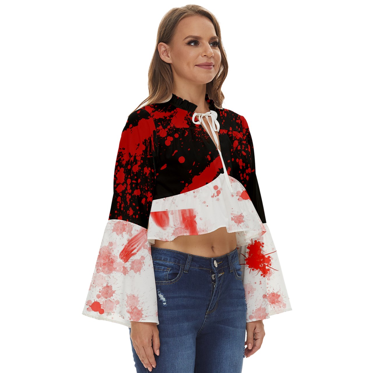 Black Blood Spatter Boho Long Bell Sleeve Top