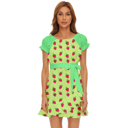 Watercolor Strawberries Puff Sleeve Frill Dress
