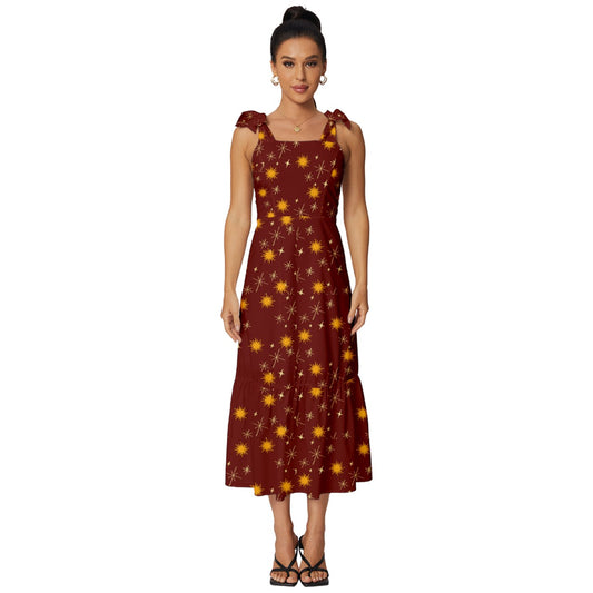 Red Whimsy Tie-Strap Tiered Midi Chiffon Dress