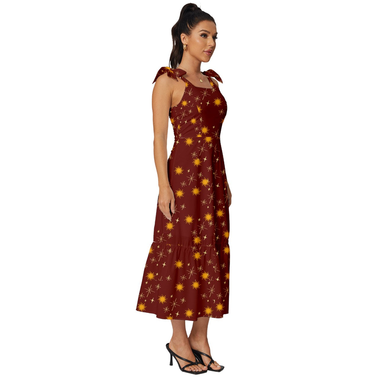 Red Whimsy Tie-Strap Tiered Midi Chiffon Dress