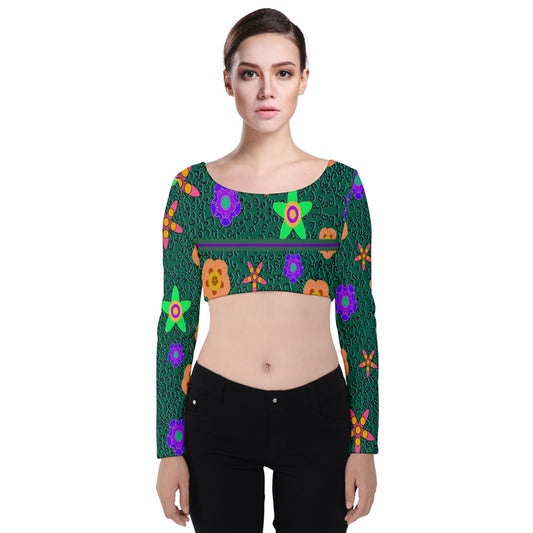 cheetafloral Striped Velvet Long Sleeve Crop Top