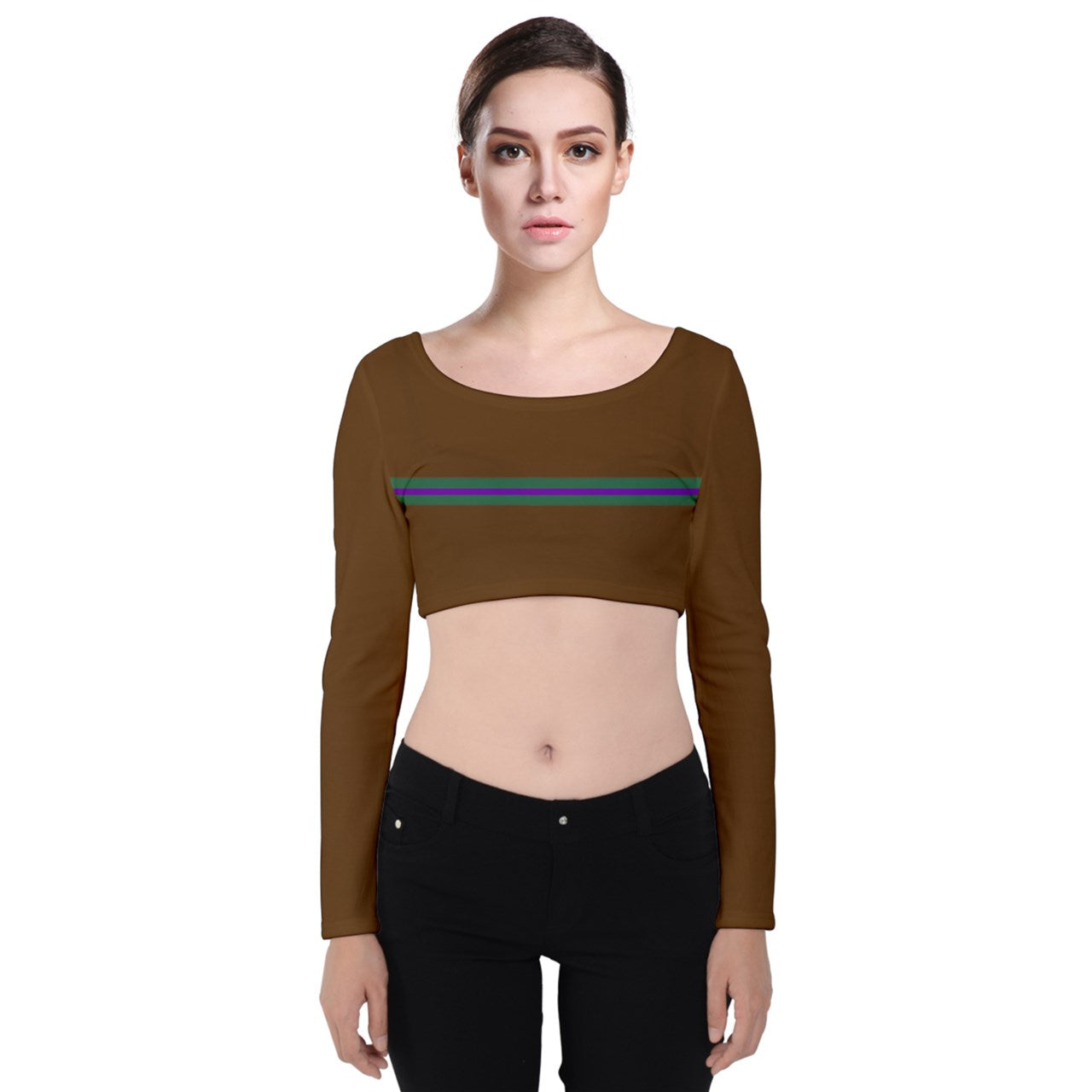 purple green stripe Velvet Long Sleeve Crop Top