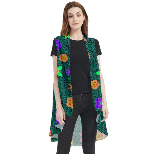 cheeta floral Sleeveless Chiffon Waistcoat Shirt