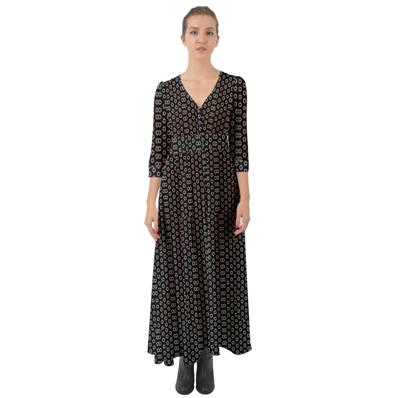 Black Floral Button Up Boho Maxi Dress