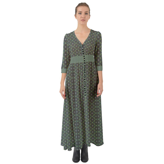 Green Purple Floral Button Up Boho Maxi Dress
