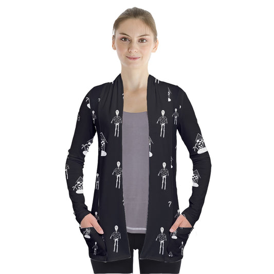hawiian skeleton Open Front Pocket Cardigan