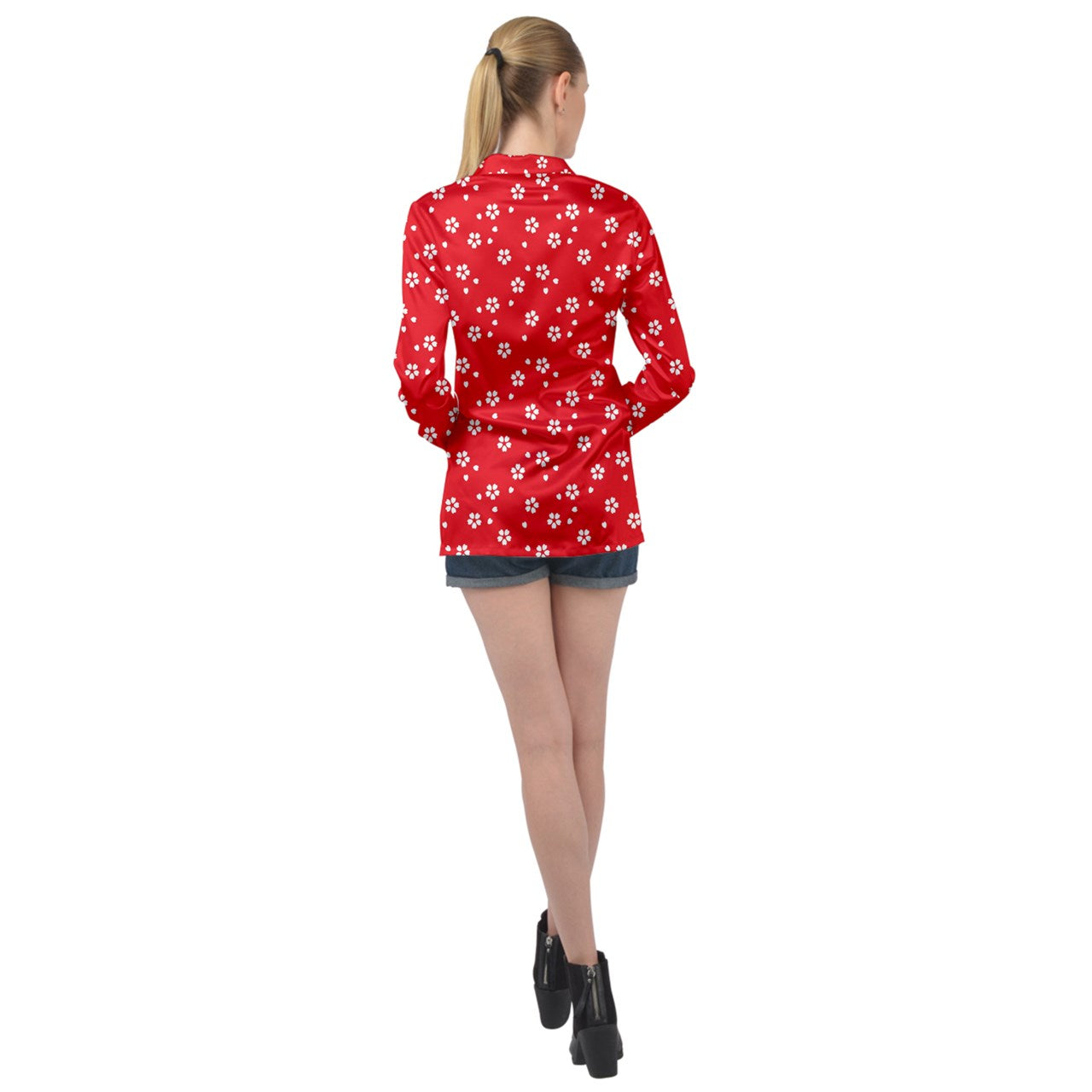 red cornflower Long Sleeve Satin Shirt