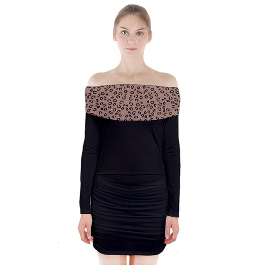 brown cheetah Long Sleeve Off Shoulder Dress