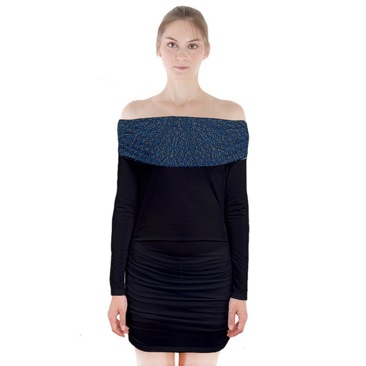 navy cheetah Long Sleeve Off Shoulder Dress