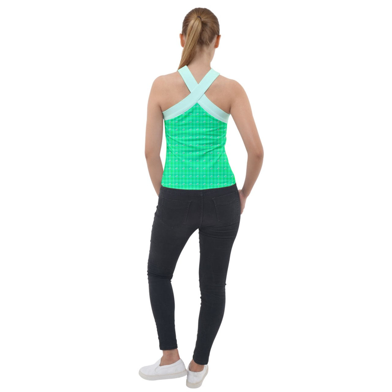 Green y2k plaid Cross Neck Velour Top