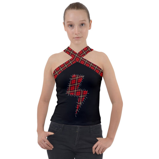 Club X Lightning Bolt Cross Neck Velour Top