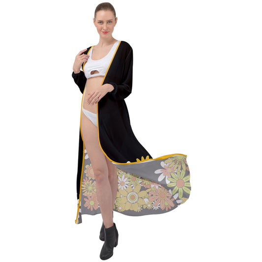 Classic Boho Flowers Dip Style Maxi Chiffon Beach Robe
