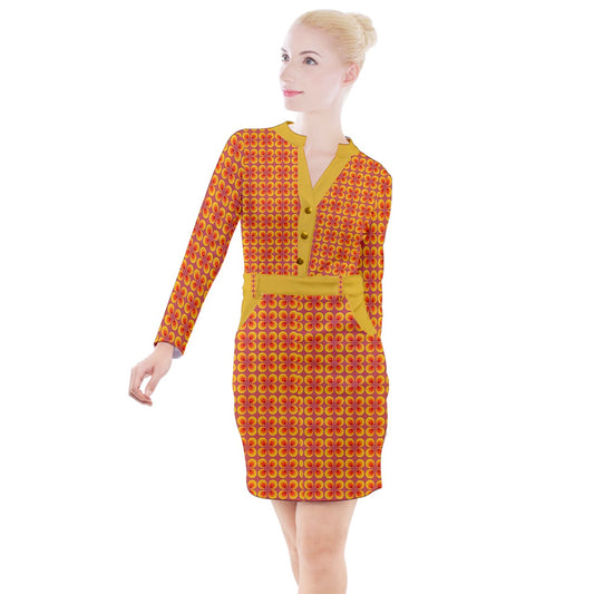 Wonky Peepers Button Long Sleeve Dress