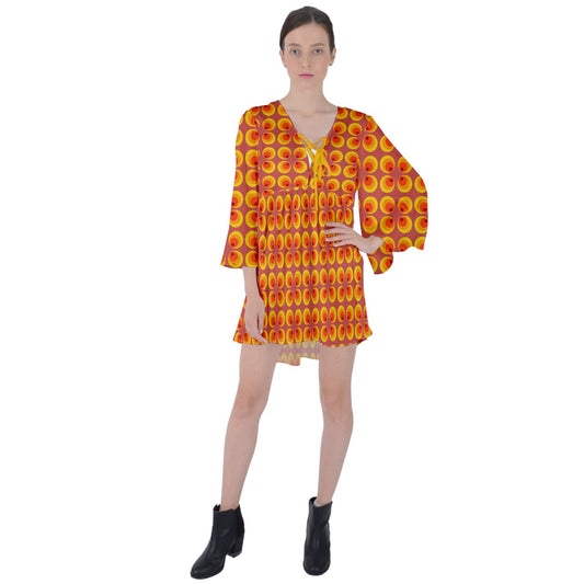 Wonky Peepers V-Neck Flare Sleeve Mini Dress