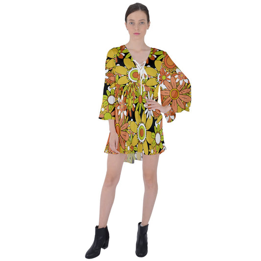 Classic Boho Flowers V-Neck Flare Sleeve Mini Dress