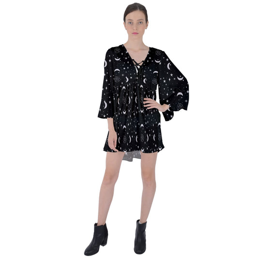 Crescent Pentacle V-Neck Flare Sleeve Mini Dress