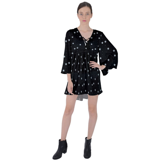 Clear Night V-Neck Flare Sleeve Mini Dress