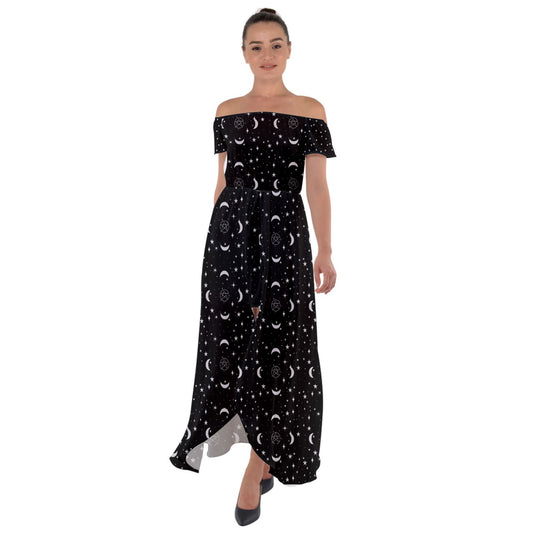 Crescent Pentacle Off Shoulder Open Front Chiffon Dress