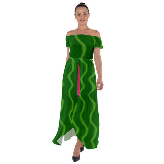Fruit Snacks Watermelon Off Shoulder Open Front Chiffon Dress